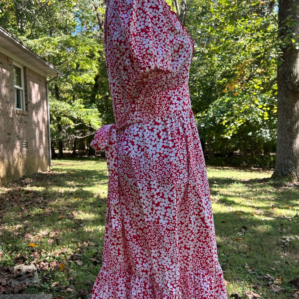 Ashley Judd Size 14 Cotton Dress Red White Flower Print - Picture 3 of 7